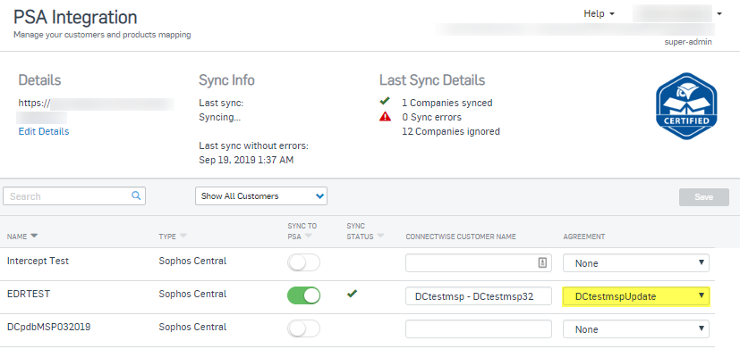 Connectwise Sophos PSA/Integration How to enable the #39 Sync to PSA