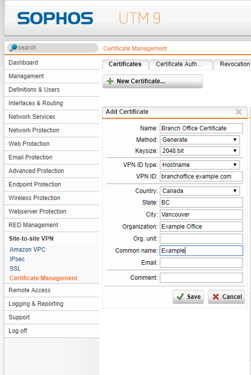 Sophos UTM: X509 認証の IPsec サイト間 VPN を作成する手順