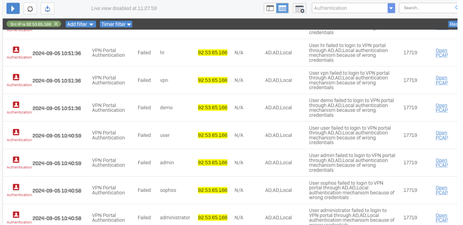 Multiple failed login brute force attempts for wan facing portals on