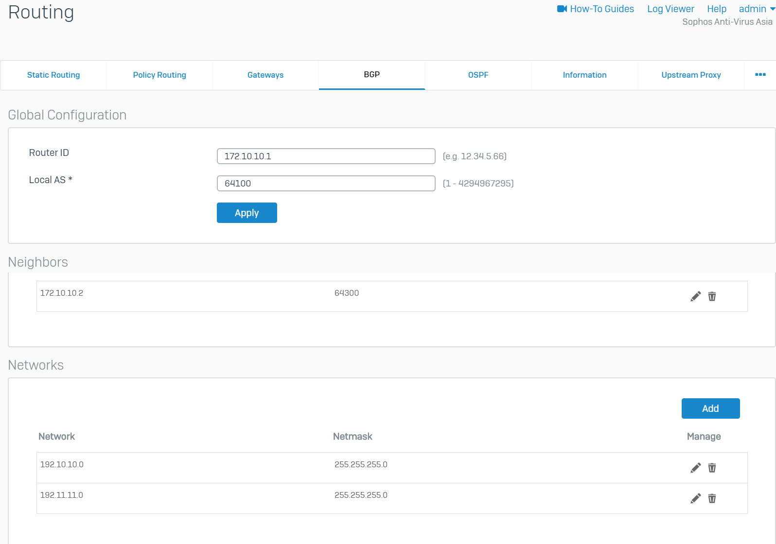 Sophos Firewall: Configure BGP