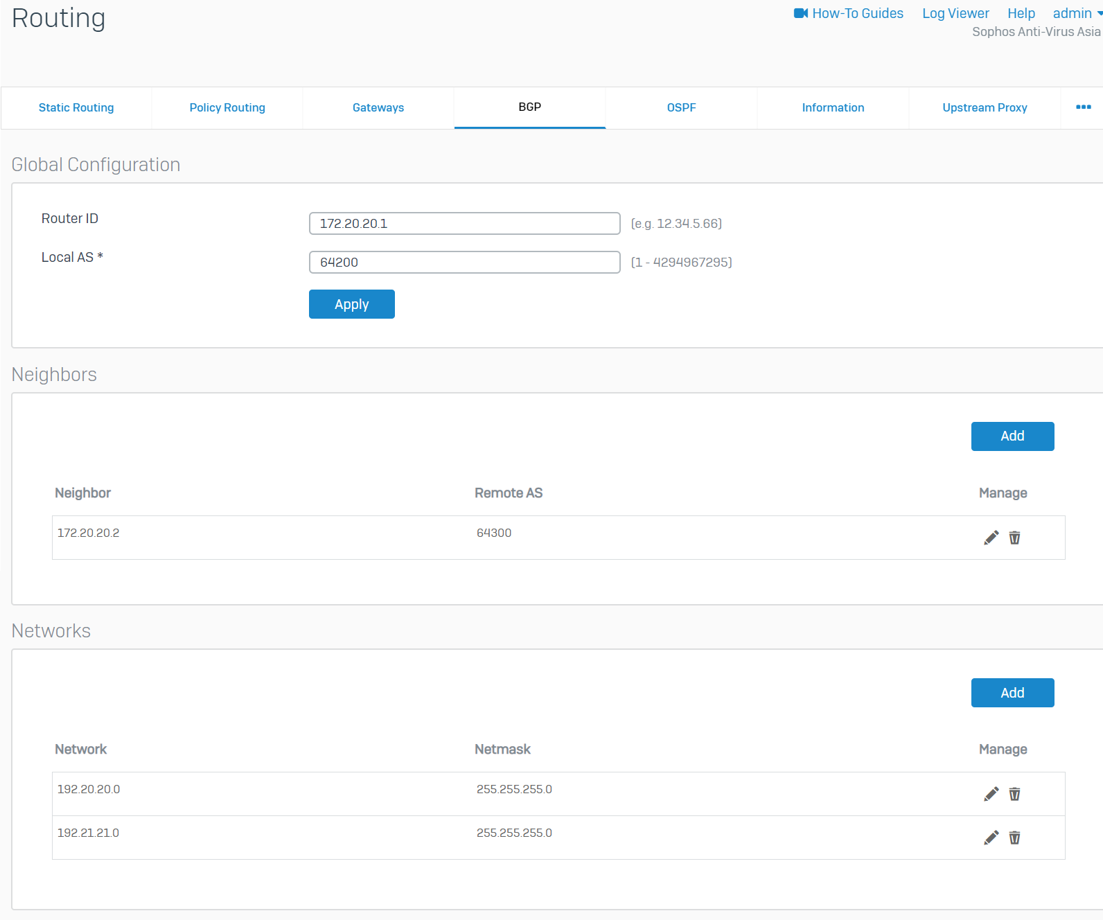 Sophos firewall configure bgp