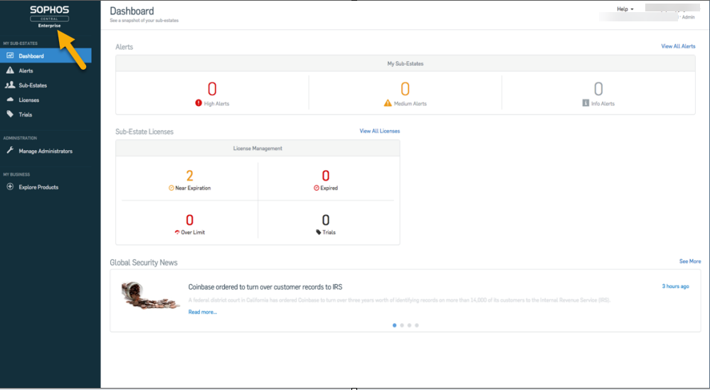 Sophos Central Enterprise ダッシュボードでの MFA (Multi-Factor