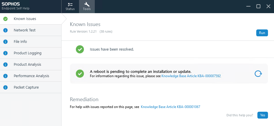 Sophos Endpoint Self Help: 既知の問題点